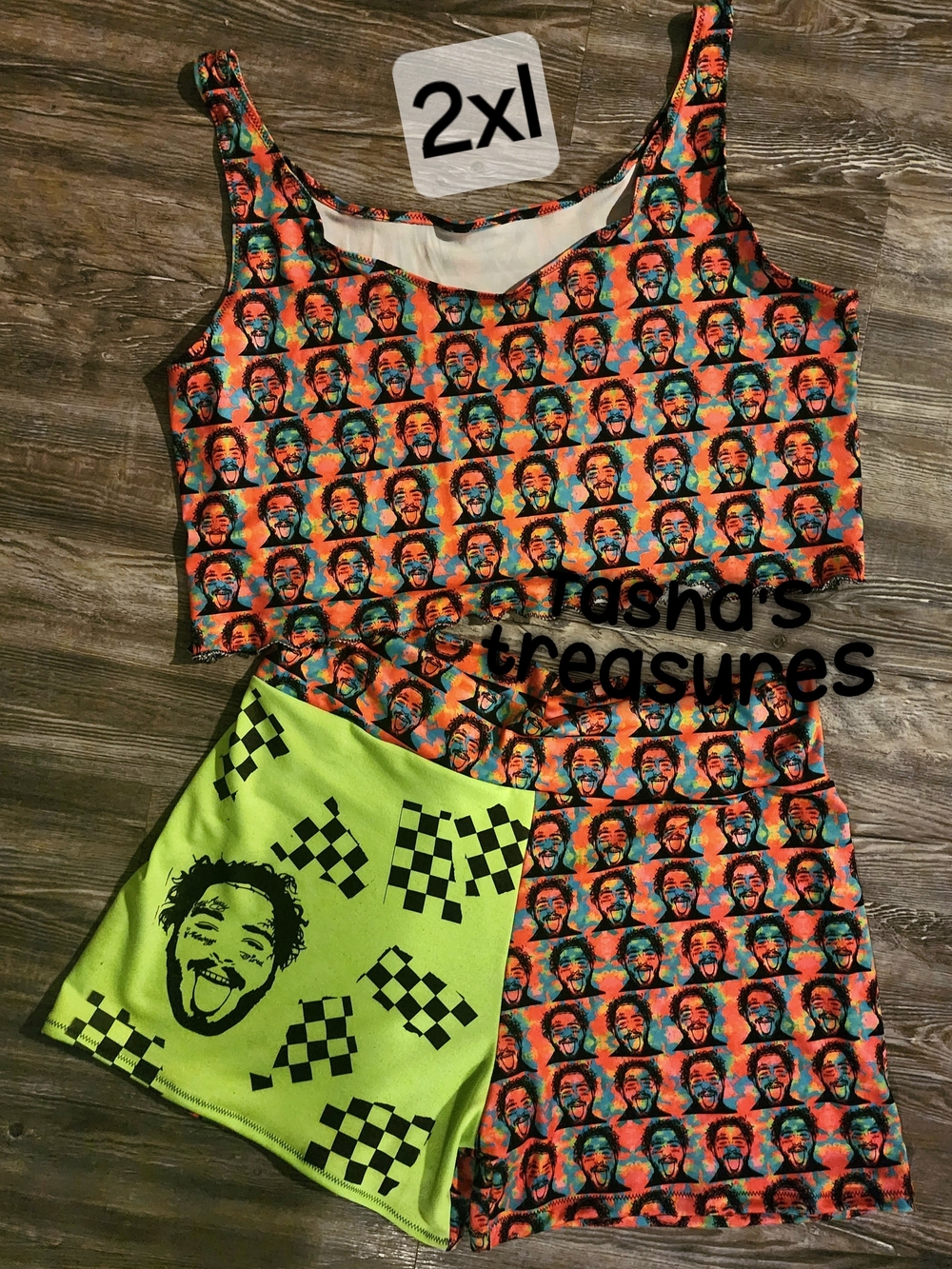Post Malone 2XL Set Womens Comfy Neon Checker Set Posty Outfit